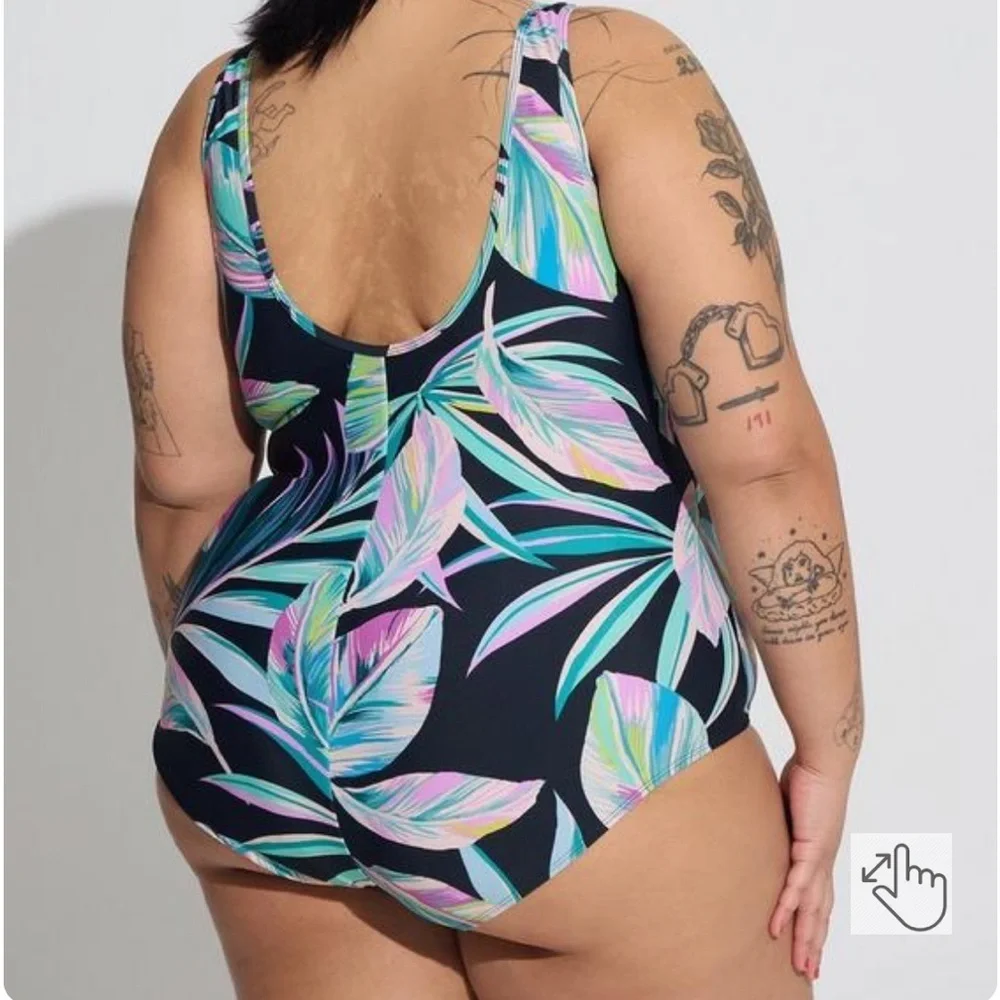 torrid Wireless Mesh High Neck One Piece Swimsuit - Pretty Summer Leaves, Sz. 18